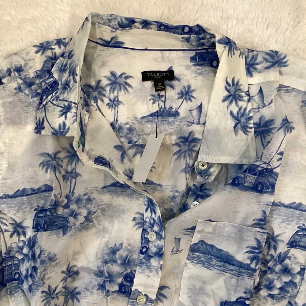 Talbots White and Blue Palm Tree Print Short-Sleeve Button-Down Shirt